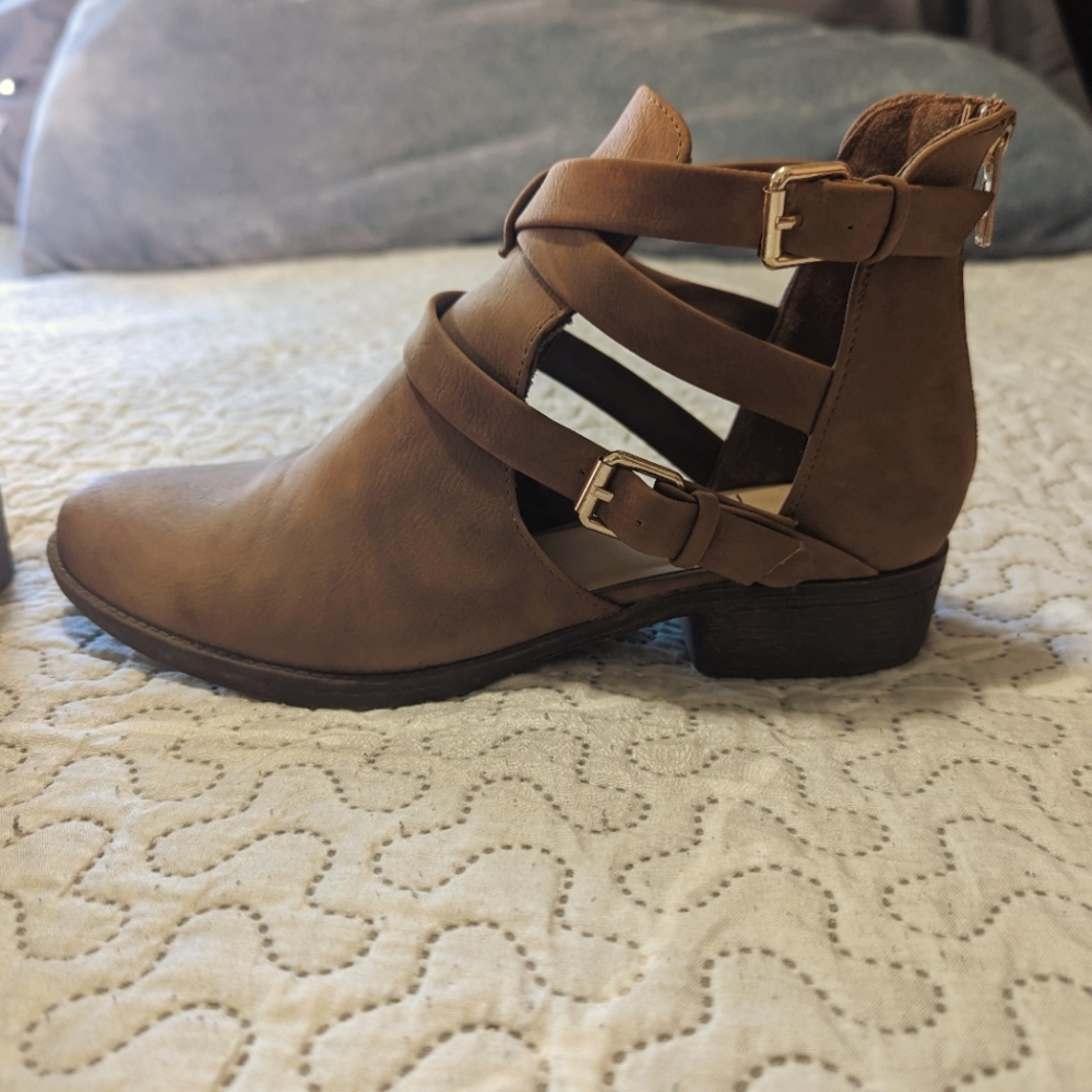 Tan strapped booties